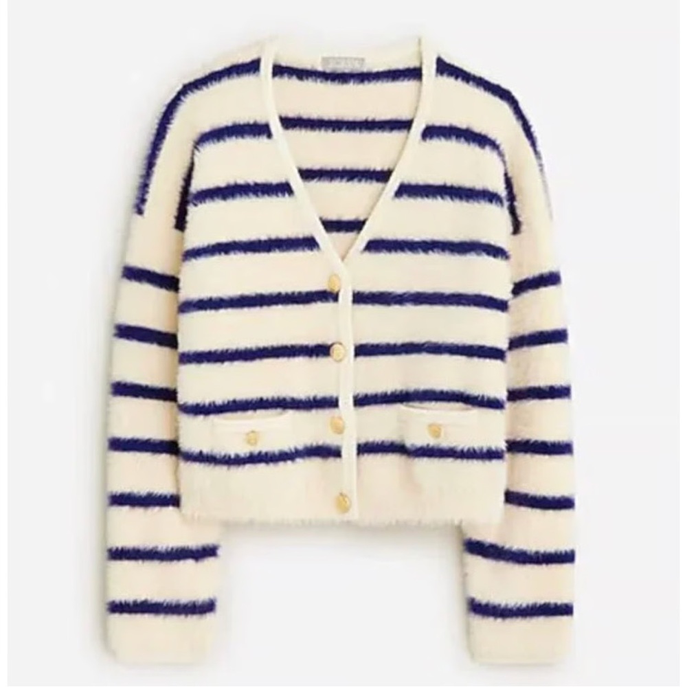 NWT Sweater lady jacket in striped brushed yarn size L (read more) Navy/Cream - Picture 4 of 8